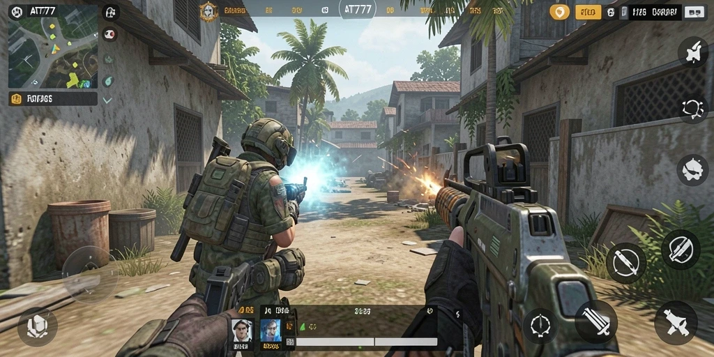 Screenshot menunjukkan pertempuran seru di game TPS AT777.