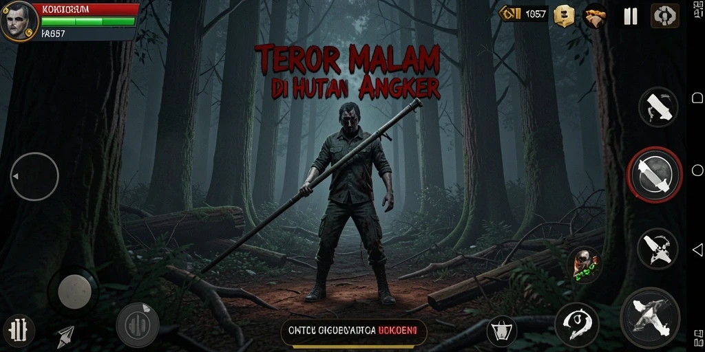Tampilan gameplay menakutkan di hutan angker dengan suasana mencekam.