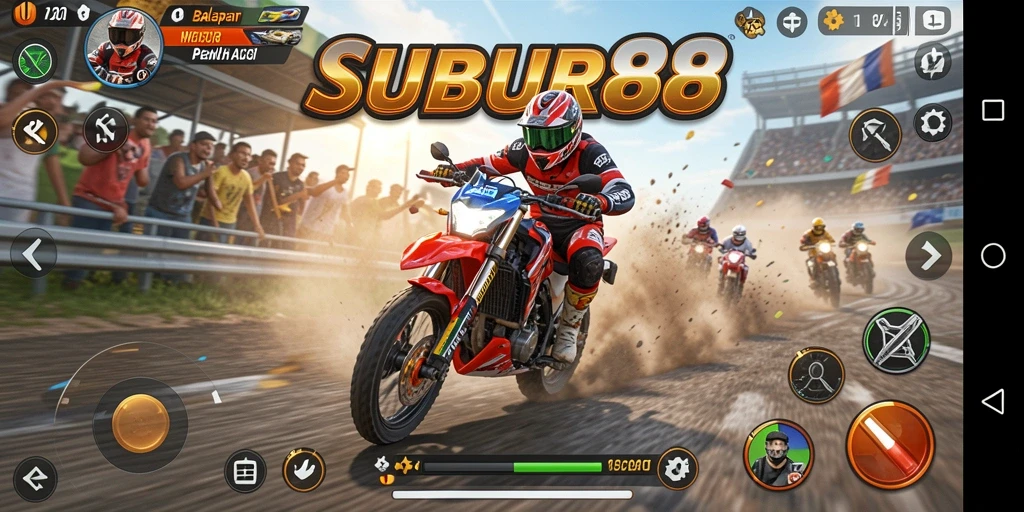 Screenshot gameplay SUBUR88 menunjukkan aksi balapan motor yang intens.