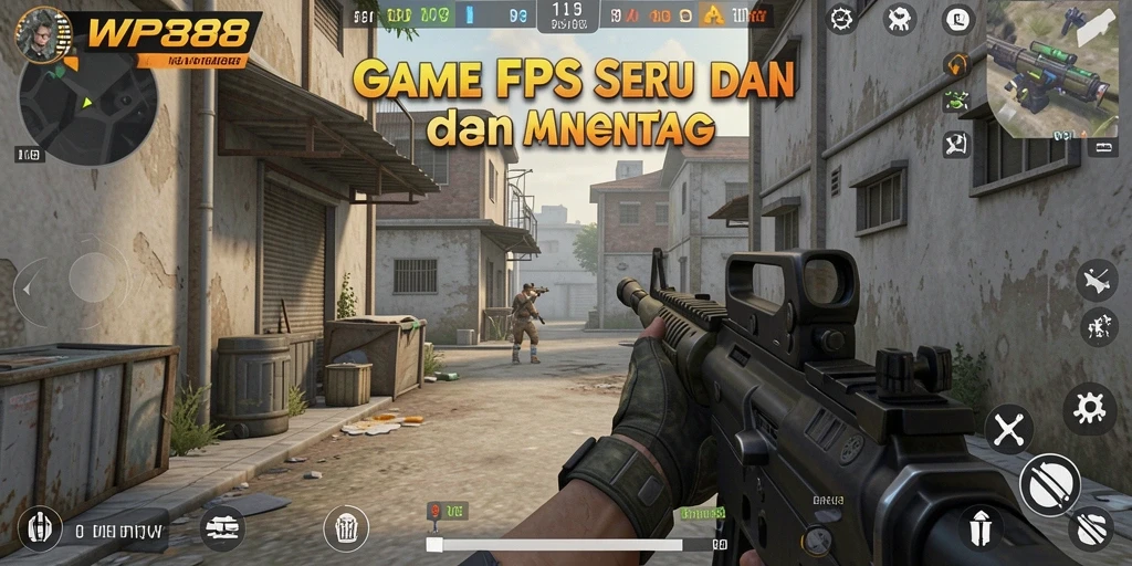 Screenshot WP888 menampilkan aksi intens dalam game FPS.